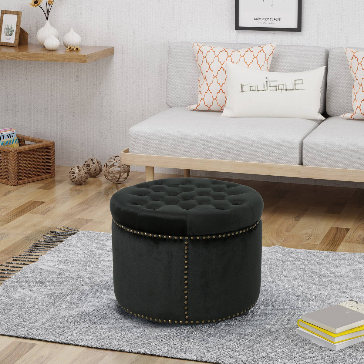 Black Velvet Tufted Ottoman D1611