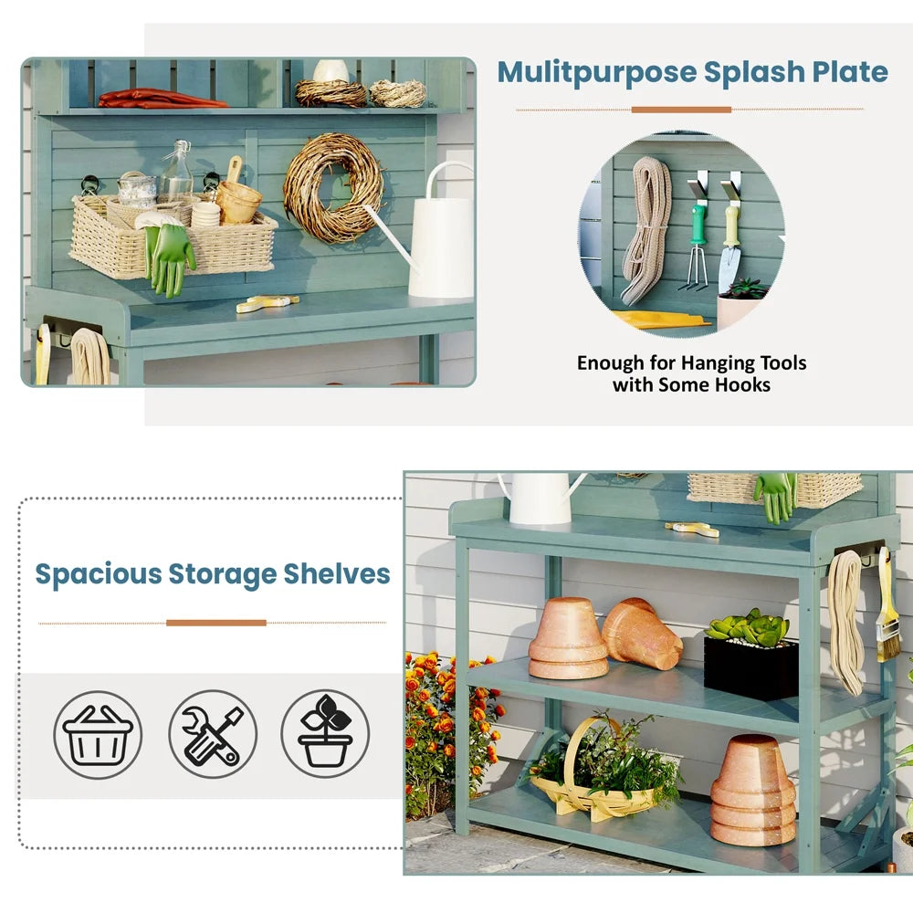 65" Green Wooden Potting Bench with 4 Storage Shelves C883781