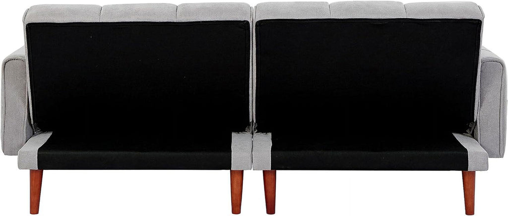 Grey Fabric Upholstered Futon Sofa Bed with Wooden Legs and 2 Pillows R1833