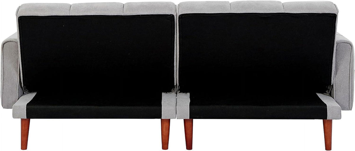 Grey Fabric Upholstered Futon Sofa Bed with Wooden Legs and 2 Pillows R1833