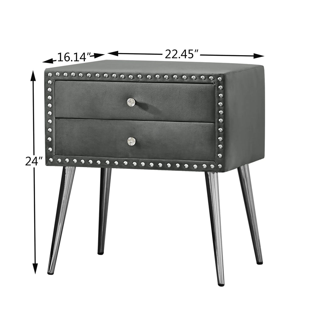 Gray Velvet Nightstand with 2 Drawers and Metal Legs Z839667
