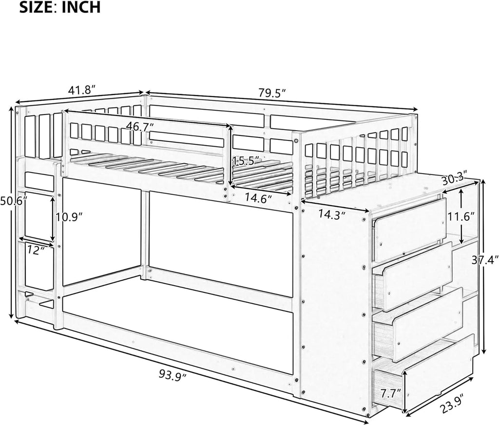 White Wood Storage Drawers Bed Frame with Guardrails and Ladder N37113