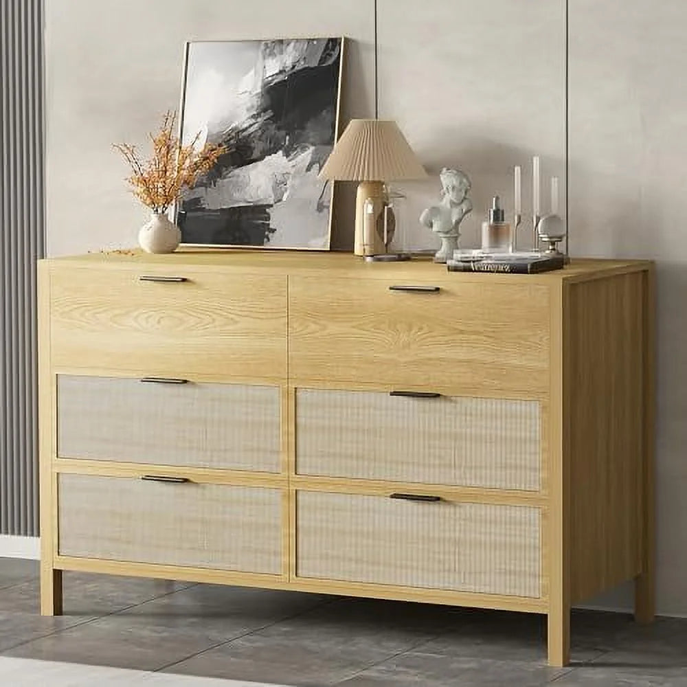 6 Drawer Natural Wood Rattan Dresser M46373