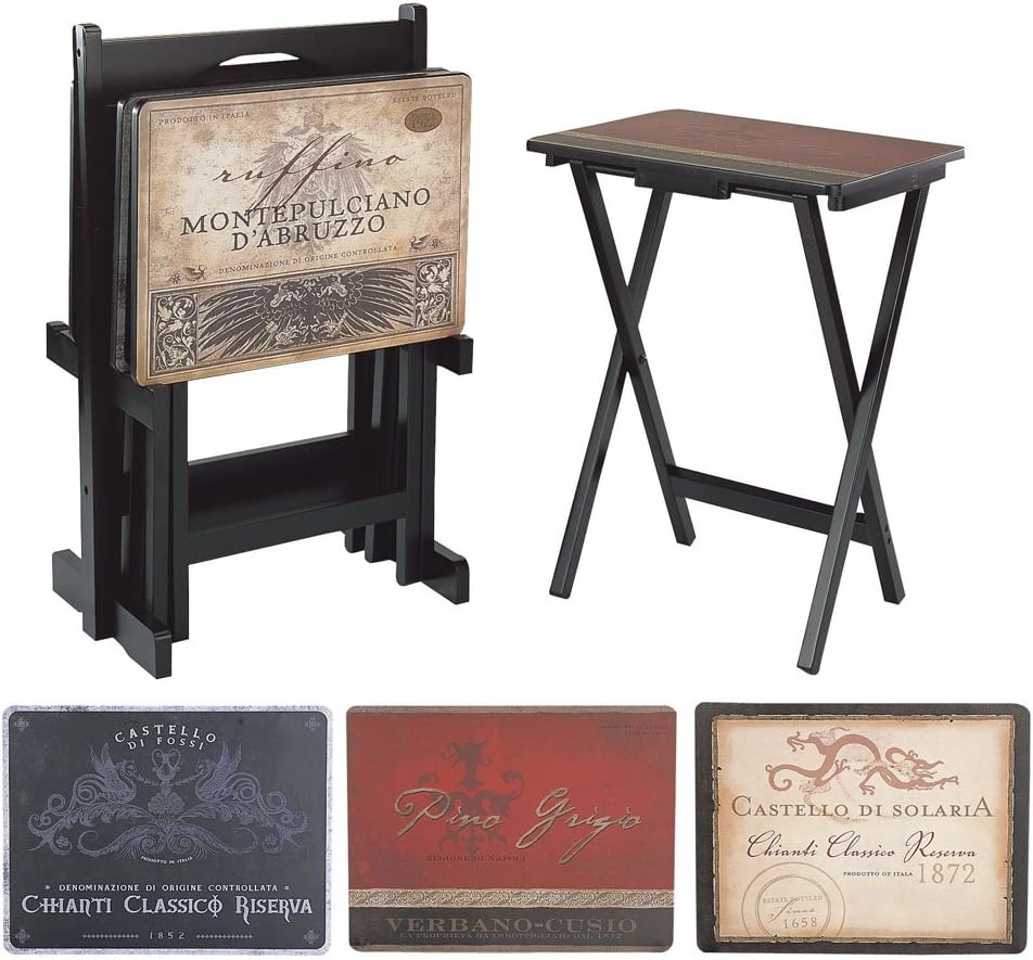 Wine Label TV Dinner Folding Trays with Storage Rack Set of 4 Y214503