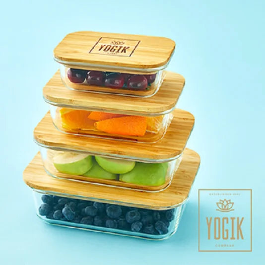 Set of 4 Rectangular Glass Food Storage Containers with Bamboo Lids I1848