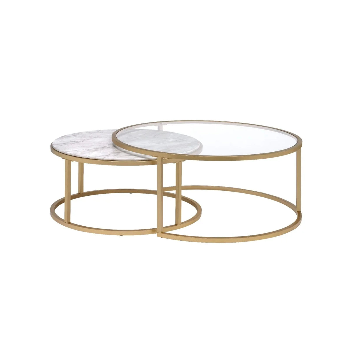 Metal Framed Nesting Coffee Tables with Glass and Marble Tops Set of Two Gold U120