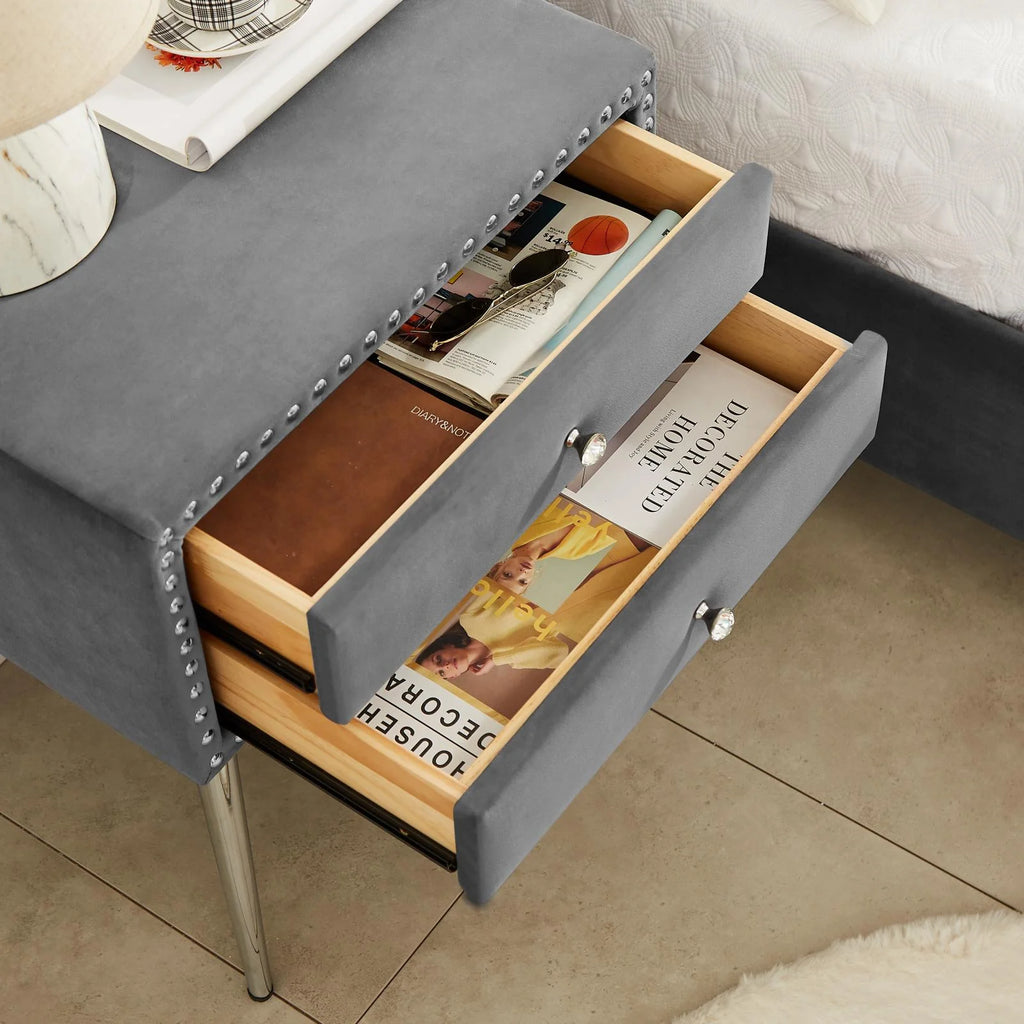 Gray Velvet Nightstand with 2 Drawers and Metal Legs Z839667