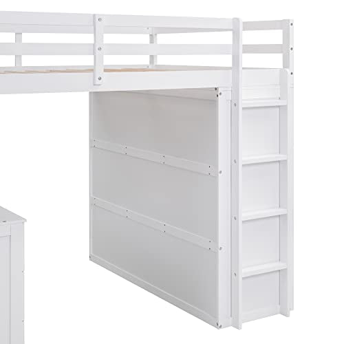 Full Size White Solid Wood Loft Bed with Desk and Wardrobe X906