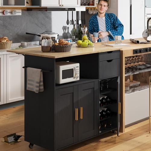White Rolling Kitchen Island Cart with Drawer and Drop Leaf Countertop O830