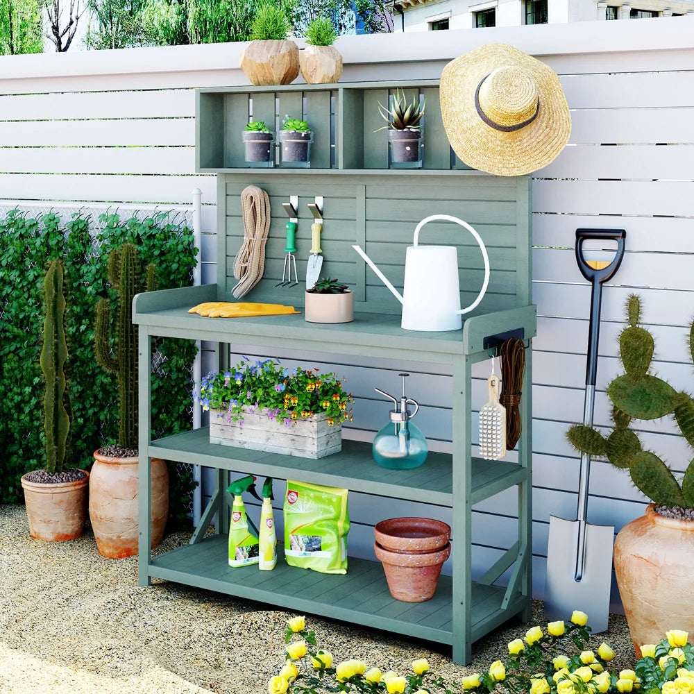 65" Green Wooden Potting Bench with 4 Storage Shelves C883781